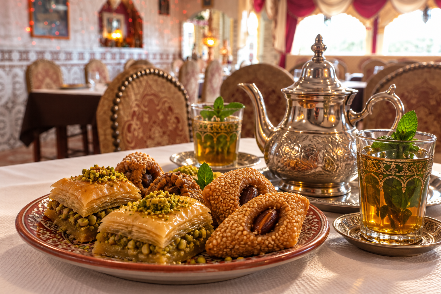 Pâtisseries orientales et thé à la menthe