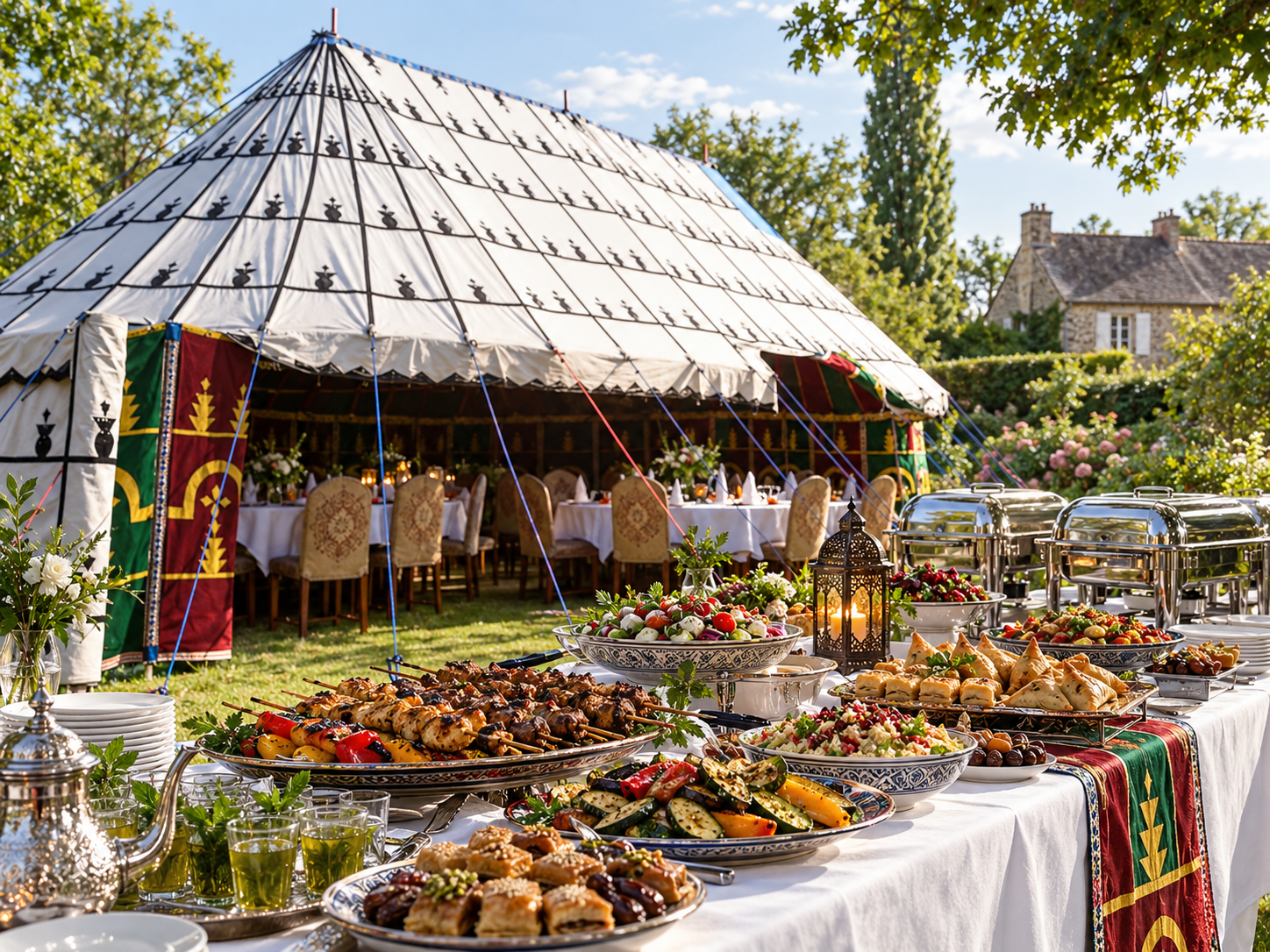 Buffet traiteur, grillades, salades et pâtisseries près de notre chapiteau