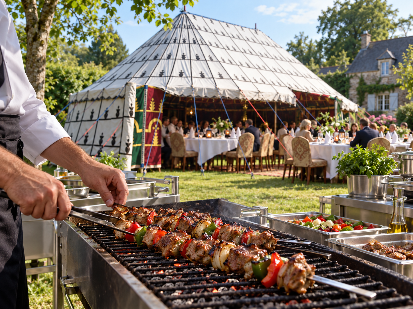 Brochettes grillées dans notre espace traiteur, près du chapiteau