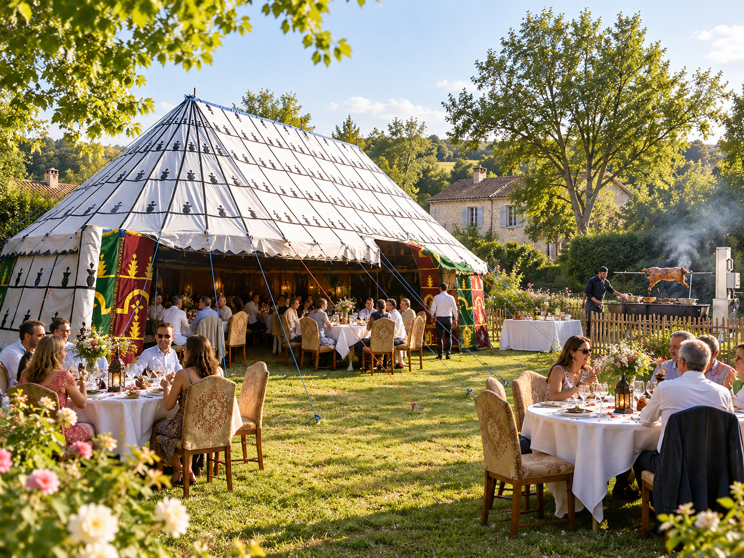 Notre chapiteau et une réception dans un jardin en France