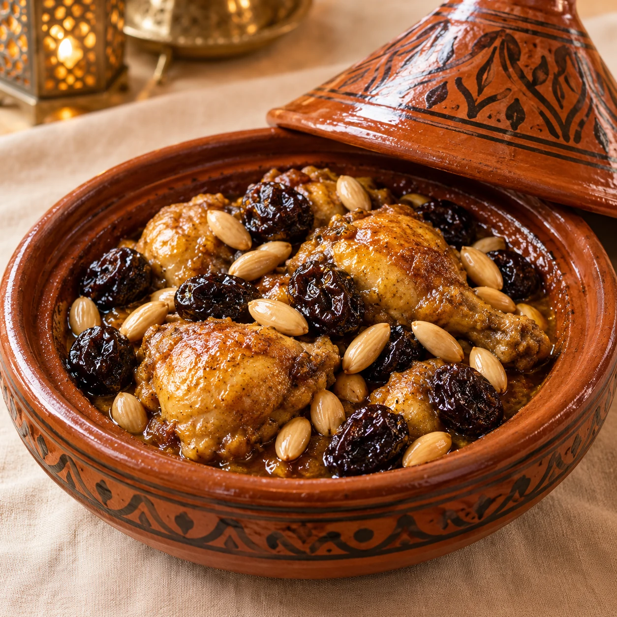 AU POULET, AUX PRUNEAUX ET AMANDES