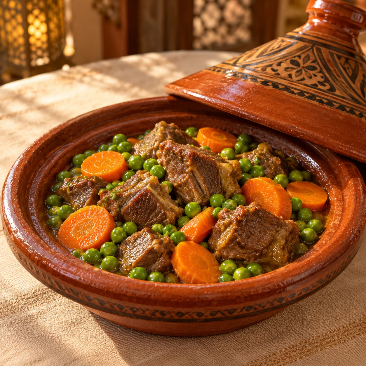 TAJINE AGNEAU PETITS POIS, CAROTTES
