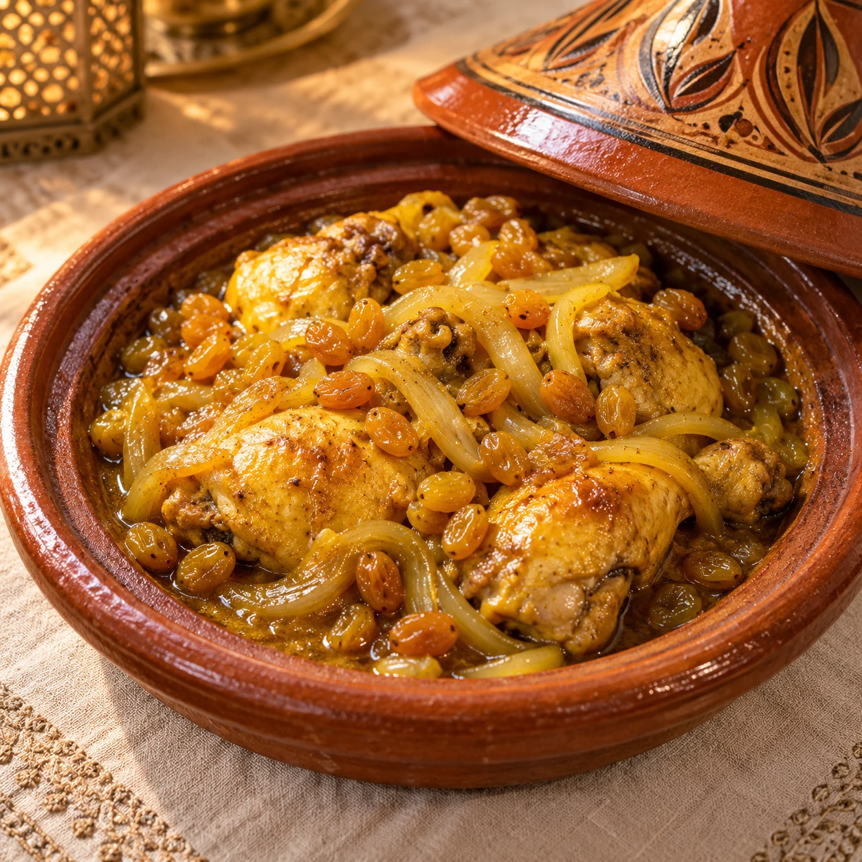 TAJINE AU POULET, AUX RAISINS ET OIGNONS